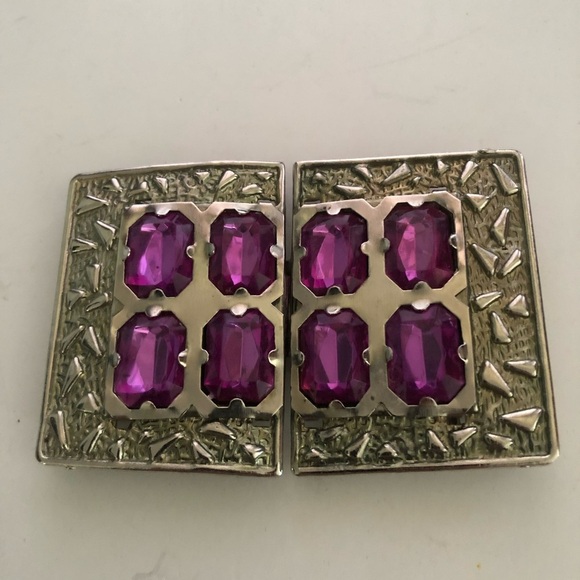 Purple Rhinestone on Metal Two Piece interlocking Gold Tone Vintage  Buckle - Picture 1 of 7